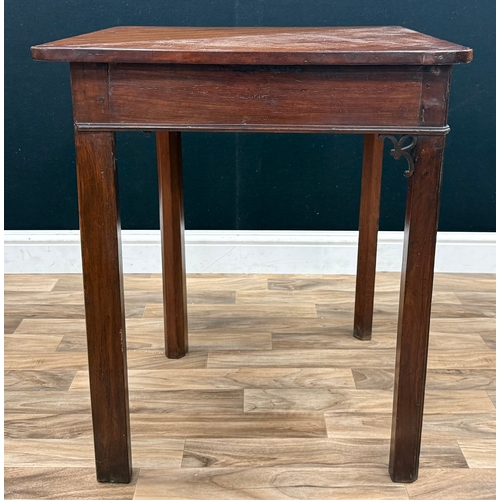 96 - An early 20th century mahogany corner drop leaf table, gate leg support, straight legs with moulded ... 