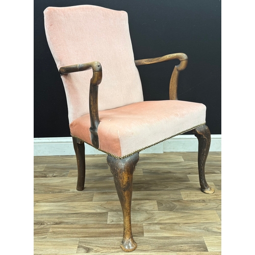 97 - A George l style mahogany library chair, reupholstered in pink velvet fabric, nicely carved Shepard’... 