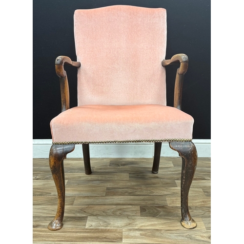 97 - A George l style mahogany library chair, reupholstered in pink velvet fabric, nicely carved Shepard’... 