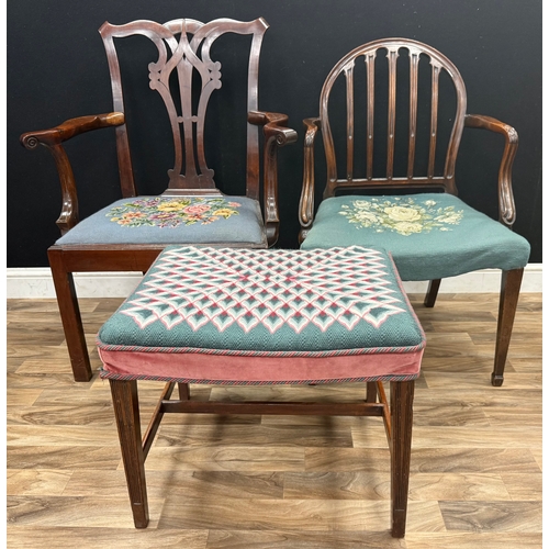 102 - A Chippendale style mahogany carver, needlework drop-in seat, carved splat, scroll arms, 102cm high,... 