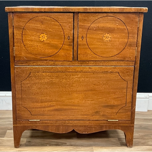 103 - A mahogany inlaid secretaire cabinet, crossbanded top above two cupboard doors with floral inlay des... 