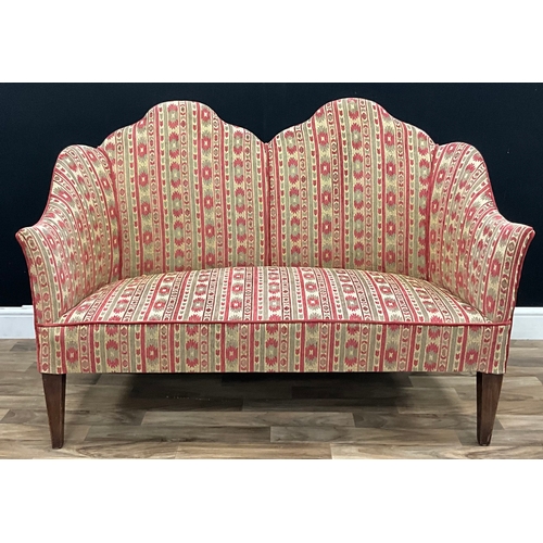 110 - A 20th century mahogany camel back two seater sofa, tapering square supports, 86cm high, 125.5cm wid... 