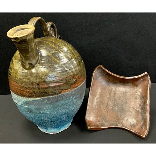 131 - A large Scottish Hassall studio pottery flagon, eccentric looping handles, waisted body with green a... 