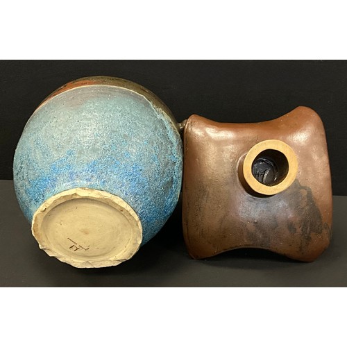 131 - A large Scottish Hassall studio pottery flagon, eccentric looping handles, waisted body with green a... 