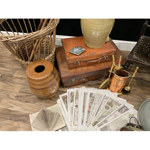 158 - Boxes and objects - a Victorian child’s bobbin chair, stoneware barrels, walking sticks, maps, rotar... 