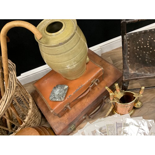 158 - Boxes and objects - a Victorian child’s bobbin chair, stoneware barrels, walking sticks, maps, rotar... 