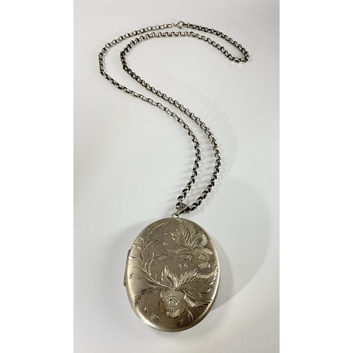 328 - A Vintage hallmarked silver floral design oval photograph locket pendant with silver belcher chain, ... 