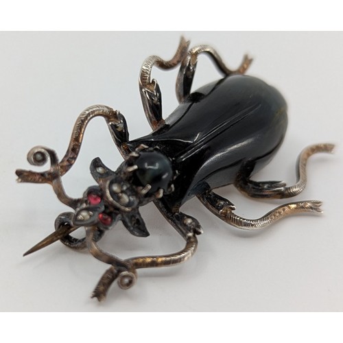 329 - A Victorian gold on silver cat's eye quartz, garnet and seed pearl beetle bug brooch, 
melee round c... 