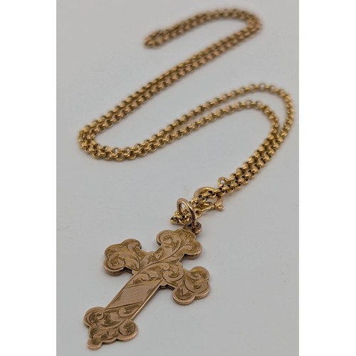 351 - A 9ct Chester rose gold cross pendant with 9ct gold belcher chain,
the cross pendant has scroll deco... 