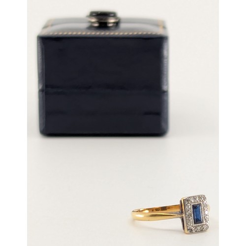 319 - An Art Deco 18ct gold sapphire and diamond cluster ring,
set with an approx. 0.10ct mid blue rectang... 