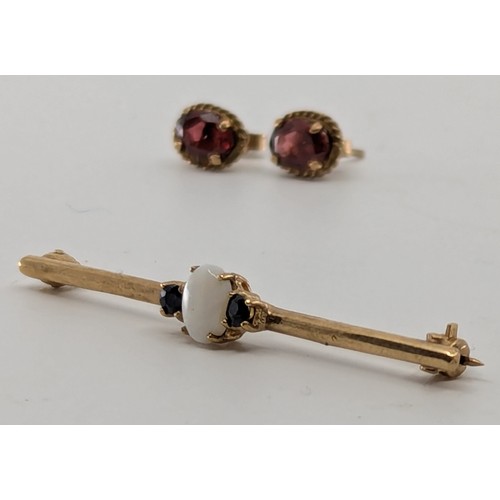 334 - A 9ct gold opal and sapphire bar brooch, WHC, Birmingham 1987;  pair of oval garnet earrings with 9c... 