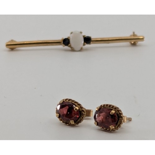 334 - A 9ct gold opal and sapphire bar brooch, WHC, Birmingham 1987;  pair of oval garnet earrings with 9c... 