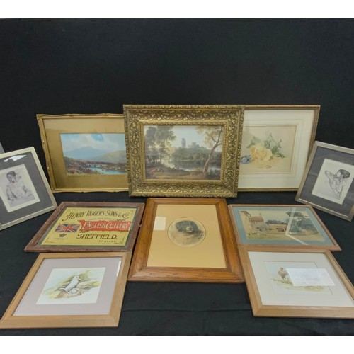 119 - A group pf pictures - watercolours and prints-  English school, signed S.J, Roses; sketch of a colli... 