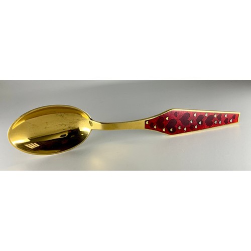 300A - A Perter Hertz Danish enamelled silver gilt spoon, red hearts haft, dated 1969 verso, stamped Sorenc... 