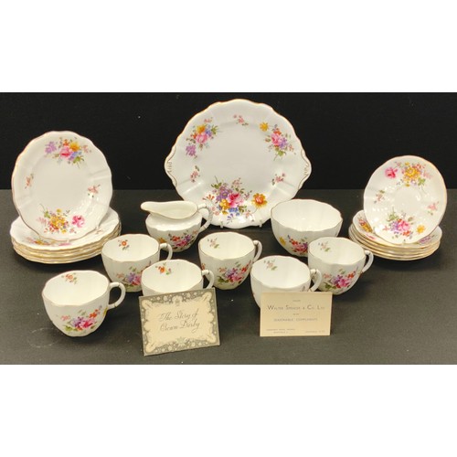 65 - A Royal Crown Derby posies pattern six setting tea set, printed marks in green including cake plate,... 