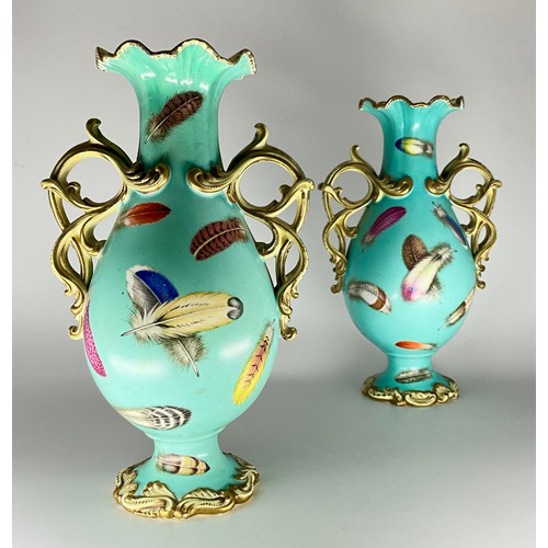 238 - A pair of 19th century vases, possibly Coalbrookdale painted with feathers on a pale turquoise groun... 