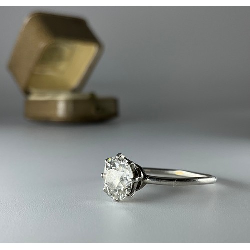 206 - An unmarked white metal old mine cut diamond solitaire engagement ring, set with an approx. 1.40ct o... 