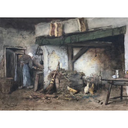 516 - Continental school, 19th century, 
Rustic Cottage Interior with Chickens, 
indistinctly signed, date... 