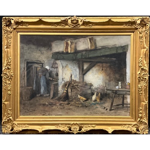 516 - Continental school, 19th century, 
Rustic Cottage Interior with Chickens, 
indistinctly signed, date... 