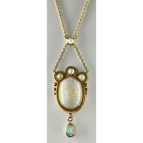 203 - An Arts & Crafts Style tested 18ct gold opal and cultured pearl pendant necklace, the pendant set wi... 