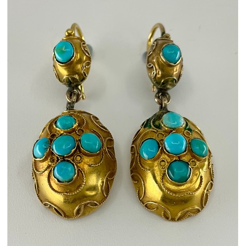 135 - A pair of Antique tested 14ct-18ct gold cabochon turquoise drop hook earrings, 
each earring set wit... 