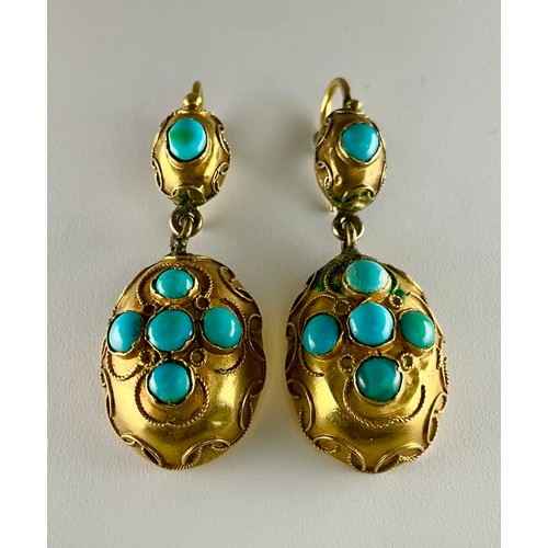 135 - A pair of Antique tested 14ct-18ct gold cabochon turquoise drop hook earrings, 
each earring set wit... 