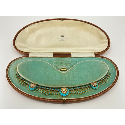 153 - A Victorian 14ct-18ct gold turquoise and seed pearl necklace, set with melee round turquoise cabocho... 