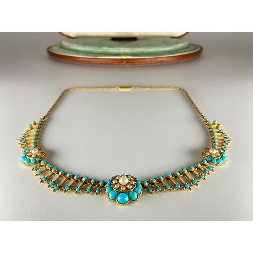 153 - A Victorian 14ct-18ct gold turquoise and seed pearl necklace, set with melee round turquoise cabocho... 