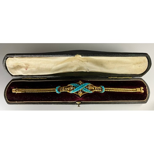 165 - A Victorian tested 14ct-18ct gold turquoise and diamond set mourning bracelet, set with graduated ro... 
