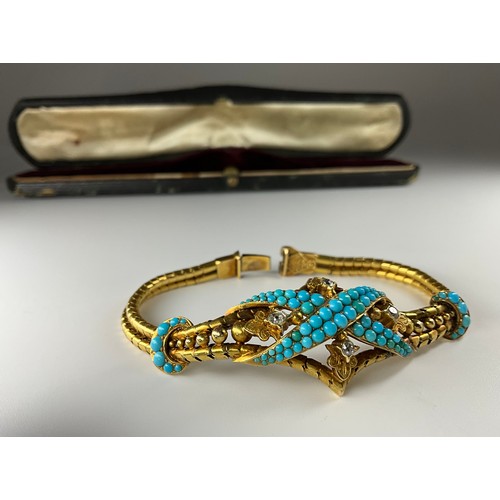 165 - A Victorian tested 14ct-18ct gold turquoise and diamond set mourning bracelet, set with graduated ro... 