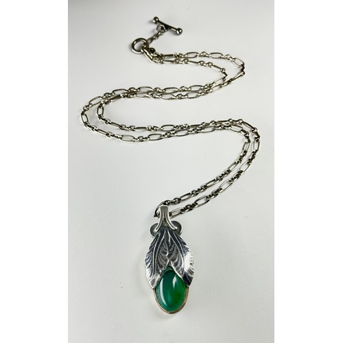 125 - A Georg Jensen green agate set 2008 Heritage silver pendant necklace, the pendant set with an oval c... 