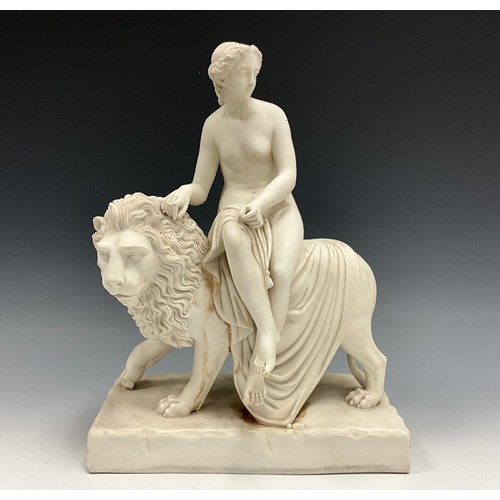 233 - A Parianware figure, ‘Una and the Lion’, Una seated on the Lion, which stands, head turned to side, ... 