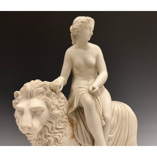 233 - A Parianware figure, ‘Una and the Lion’, Una seated on the Lion, which stands, head turned to side, ... 