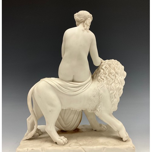 233 - A Parianware figure, ‘Una and the Lion’, Una seated on the Lion, which stands, head turned to side, ... 