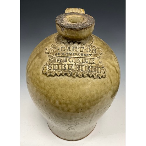 226 - A 19th century glazed stoneware flagon, ‘W. Barton, Spirit Merchant, Wicker, Sheffield’, 30cm high; ... 