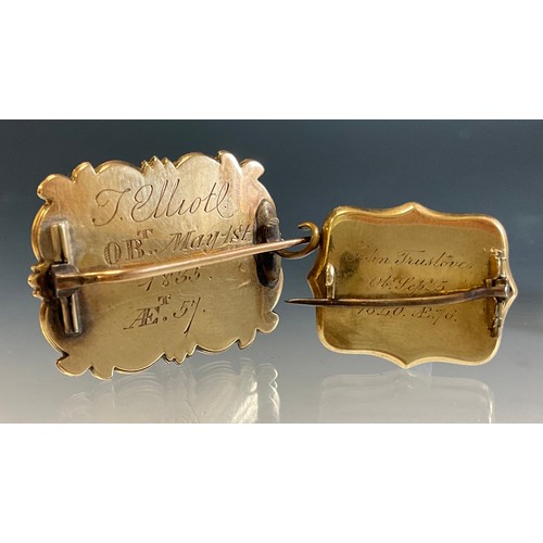 208 - Two Victorian tested 9ct gold black enamelled woven hair mourning brooches, to include a brooch with... 