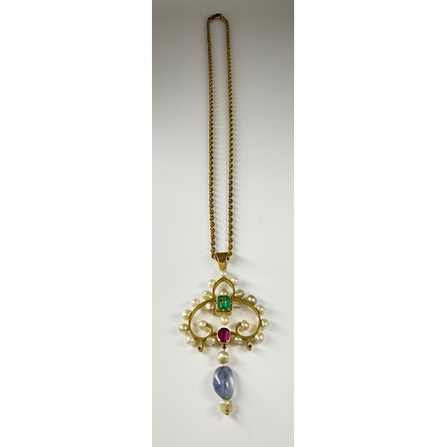 148 - A tested 9ct gold multi gemstone set pendant with 15ct gold rope chain, the pendant set with a recta... 