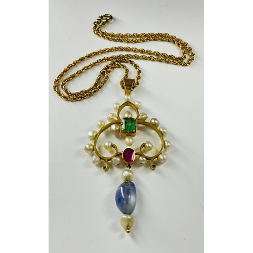 148 - A tested 9ct gold multi gemstone set pendant with 15ct gold rope chain, the pendant set with a recta... 