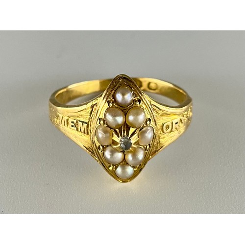 159 - A Victorian 18ct gold seed pearl and rose cut diamond mourning ring, set with a central melee rose c... 