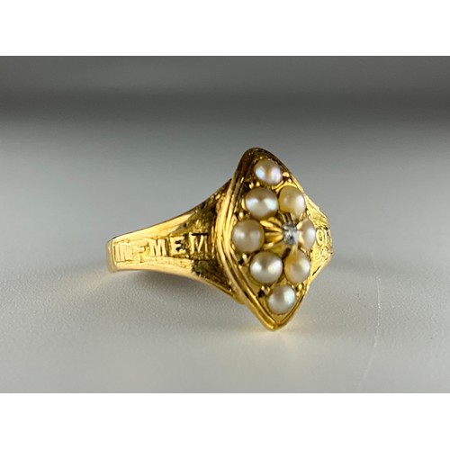 159 - A Victorian 18ct gold seed pearl and rose cut diamond mourning ring, set with a central melee rose c... 