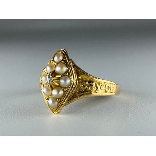 159 - A Victorian 18ct gold seed pearl and rose cut diamond mourning ring, set with a central melee rose c... 