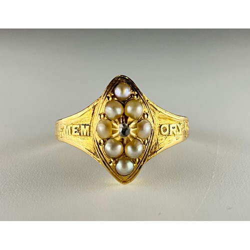 159 - A Victorian 18ct gold seed pearl and rose cut diamond mourning ring, set with a central melee rose c... 