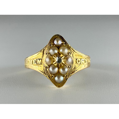 159 - A Victorian 18ct gold seed pearl and rose cut diamond mourning ring, set with a central melee rose c... 