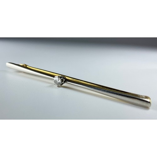 151 - A tested 9ct yellow and white gold diamond set bar brooch, set with a round brilliant cut diamond me... 