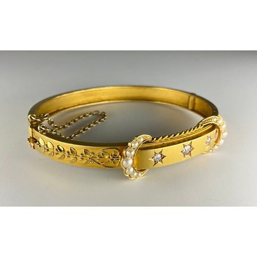 154 - A Victorian 15ct gold old european cut diamond and seed pearl half hinged bangle, set with three old... 