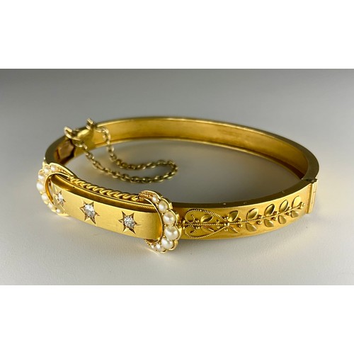154 - A Victorian 15ct gold old european cut diamond and seed pearl half hinged bangle, set with three old... 