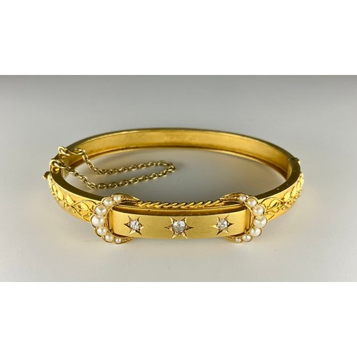 154 - A Victorian 15ct gold old european cut diamond and seed pearl half hinged bangle, set with three old... 