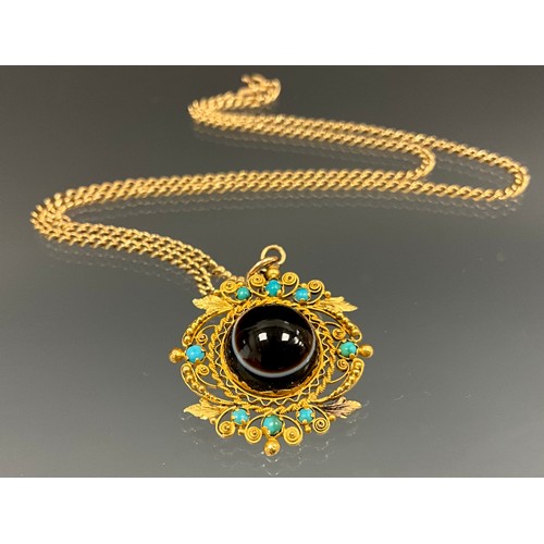 143 - A tested 14ct-18ct bull's-eye agate and turquoise pendant with 9ct gold chain, the pendant set with ... 