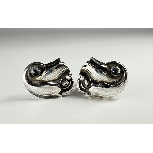 122 - A pair of Georg Jensen tulip design clip on silver earrings, set with melee round cabochon moonstone... 