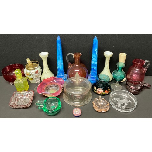 124 - Glassware - a pair of 19th century blue slag glass obelisks, 28cm high; a uranium glass scent bottle... 